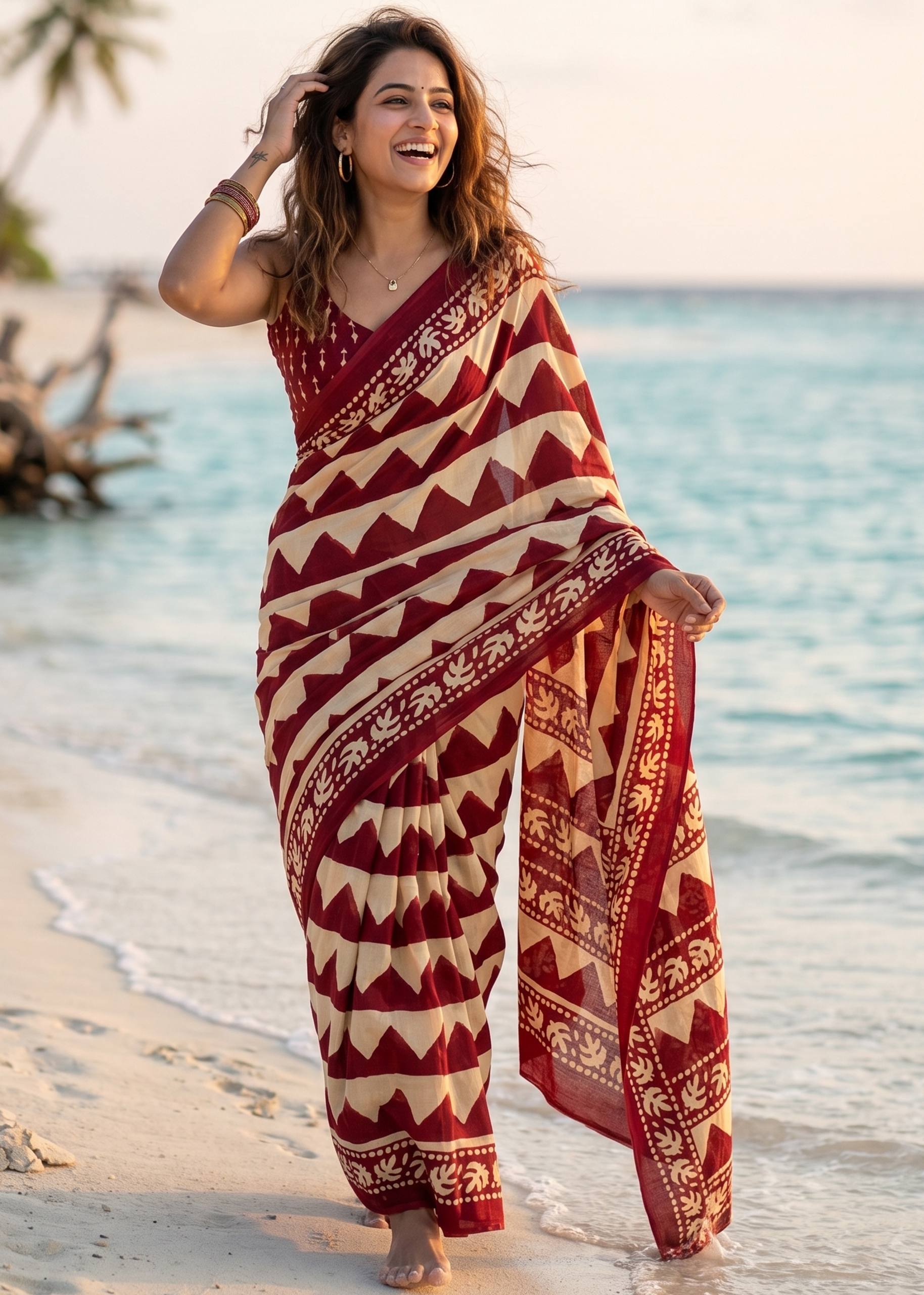 PURE MULMUL COTTON ZIGZAG HAND BLOCK PRINTE MAROON SAREE WITH BLOUSE