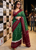 PURE MULMUL COTTON IKKAT POCHAMPALLY HAND PRINTE GREEN SAREE WITH BLOUSE