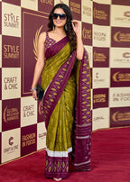 PURE MULMUL COTTON IKKAT POCHAMPALLY HAND PRINTE OLIVE SAREE WITH BLOUSE