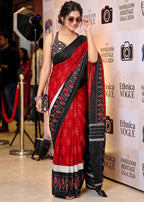 PURE MULMUL COTTON IKKAT POCHAMPALLY HAND PRINTE RED SAREE WITH BLOUSE