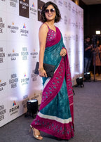 PURE MULMUL COTTON IKKAT POCHAMPALLY HAND PRINTE TEAL SAREE WITH BLOUSE