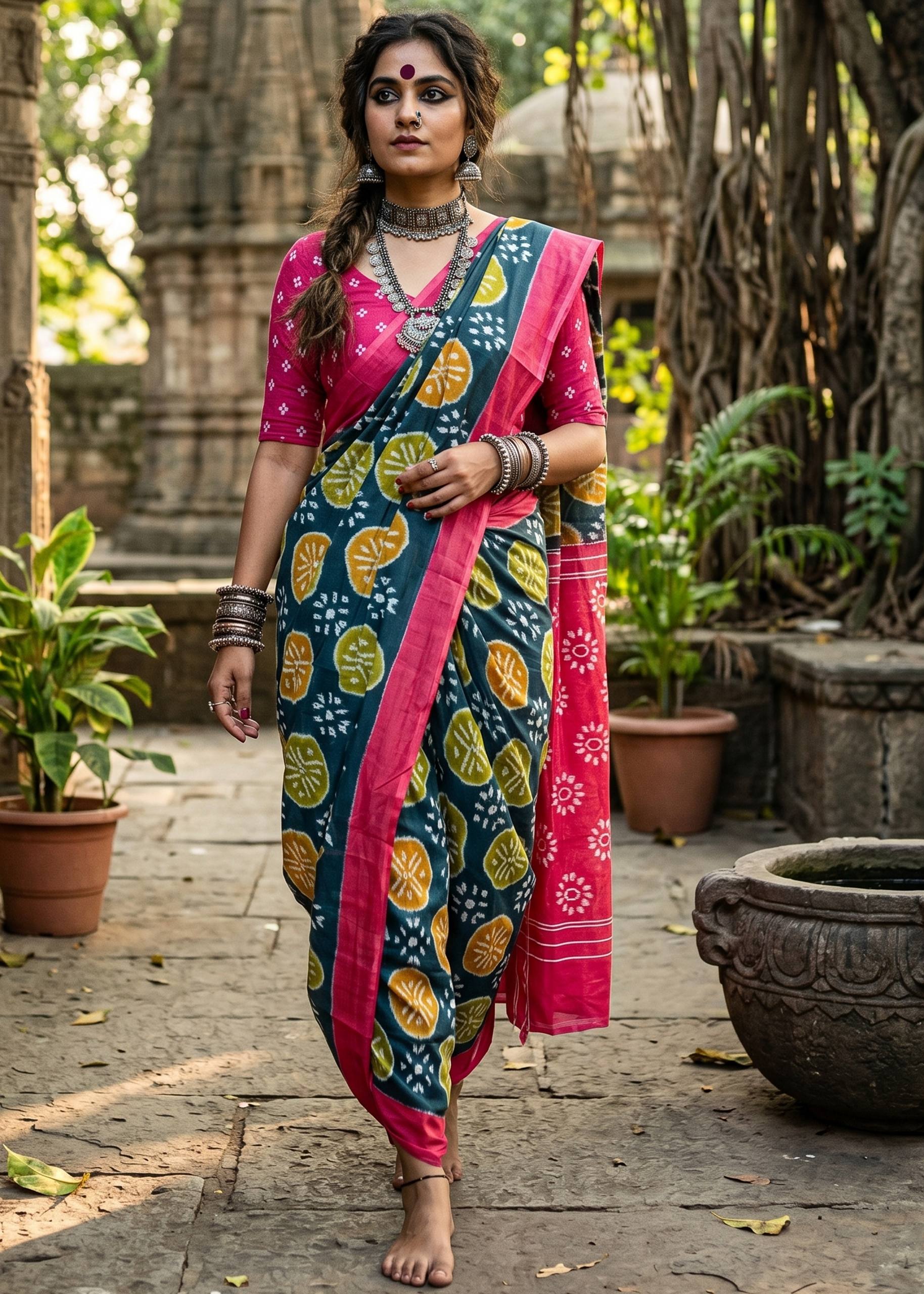 PURE SOFT COTTON IKKAT PRINT PINK SAREE WITH BLOUSE