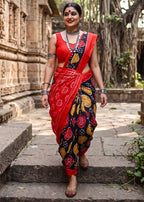 PURE SOFT COTTON IKKAT PRINT RED SAREE WITH BLOUSE