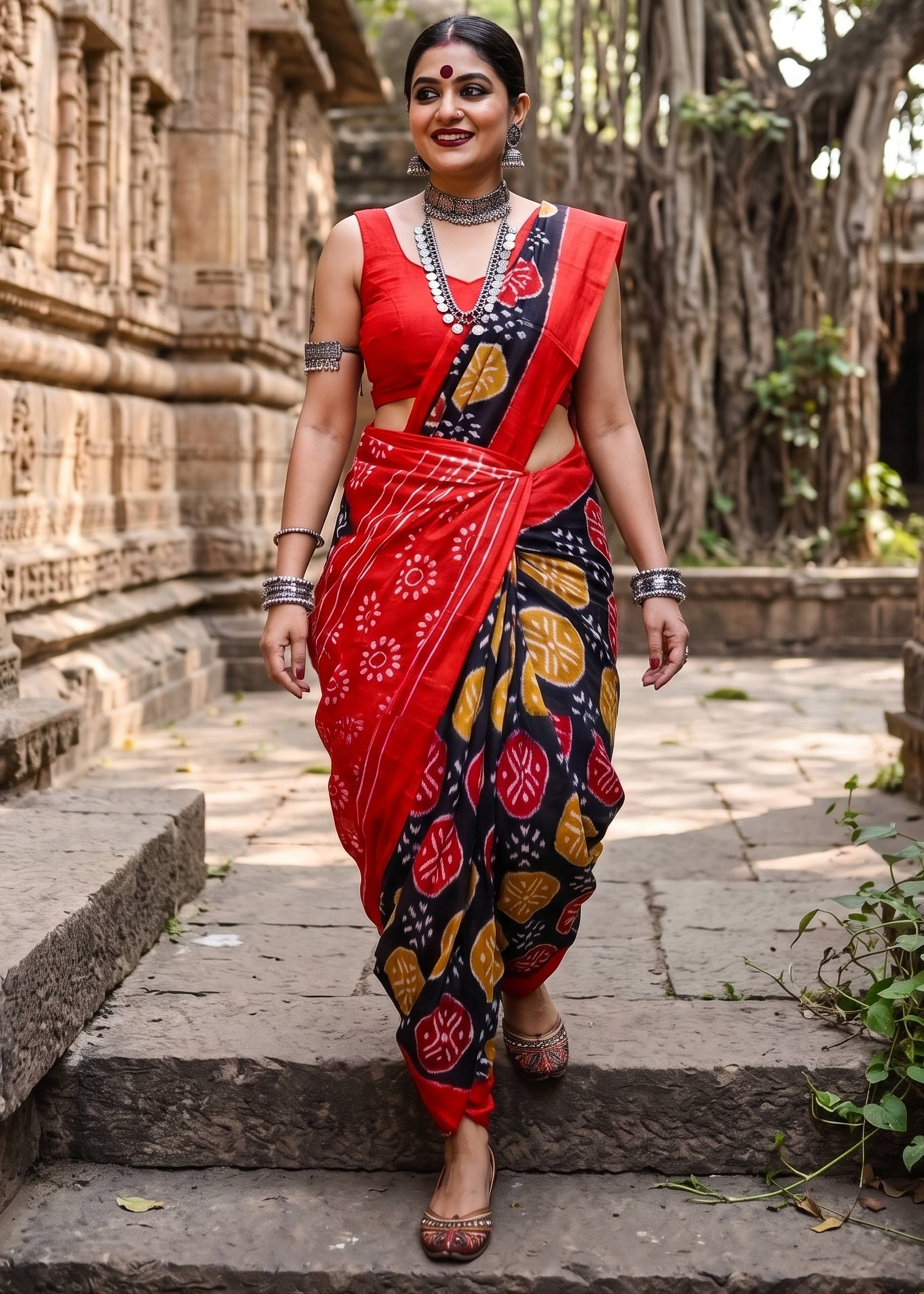 PURE SOFT COTTON IKKAT PRINT RED SAREE WITH BLOUSE