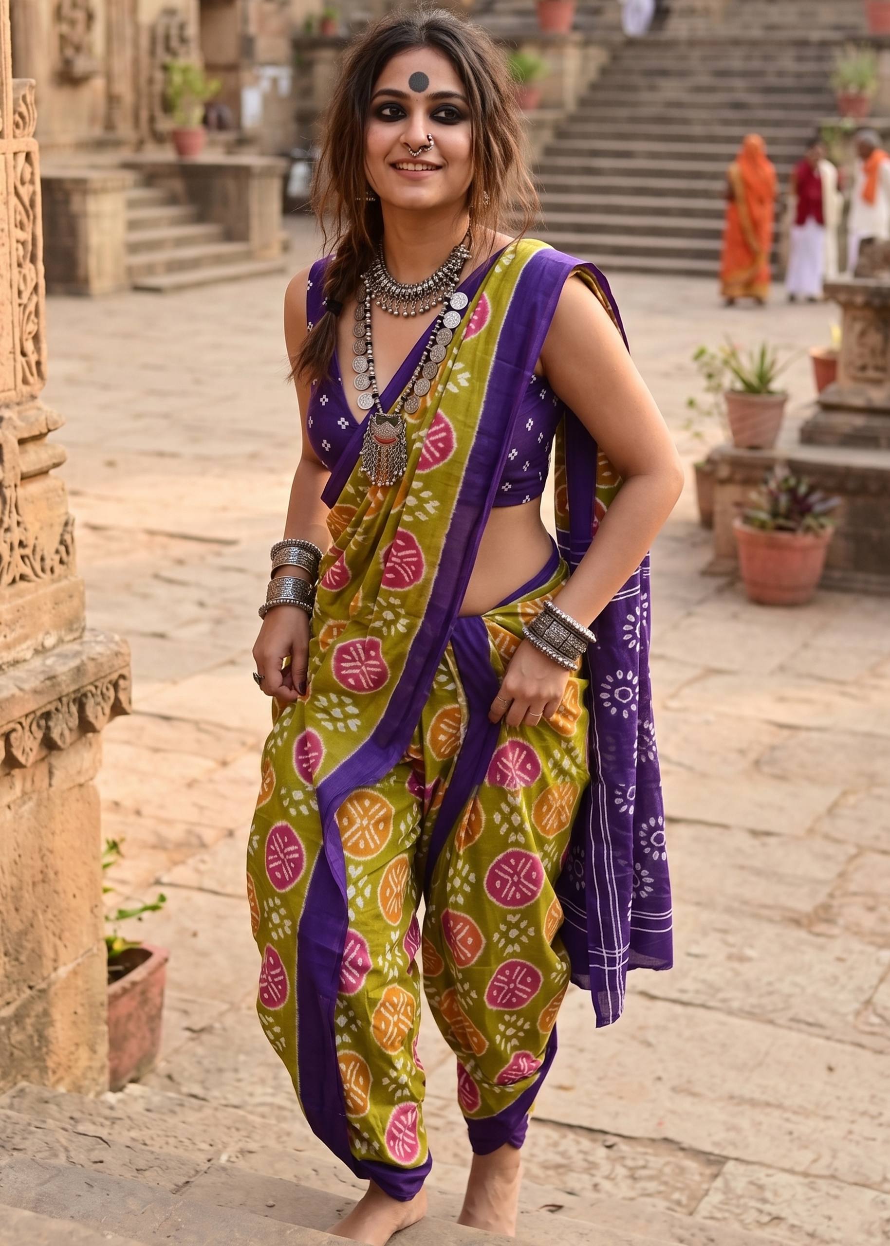 PURE SOFT COTTON IKKAT PRINT OLIVE SAREE WITH BLOUSE