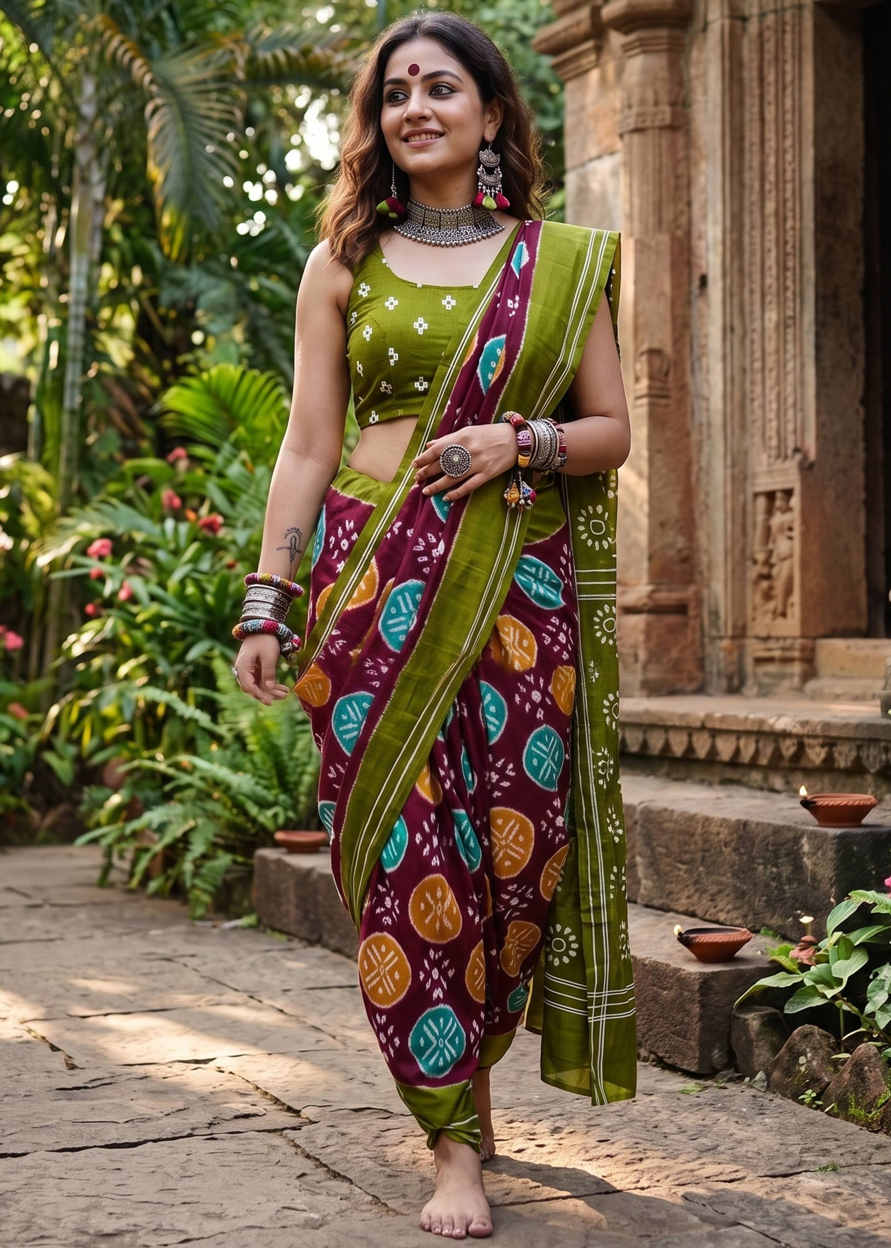 PURE SOFT COTTON IKKAT PRINT MEHANDI GREEN SAREE WITH BLOUSE