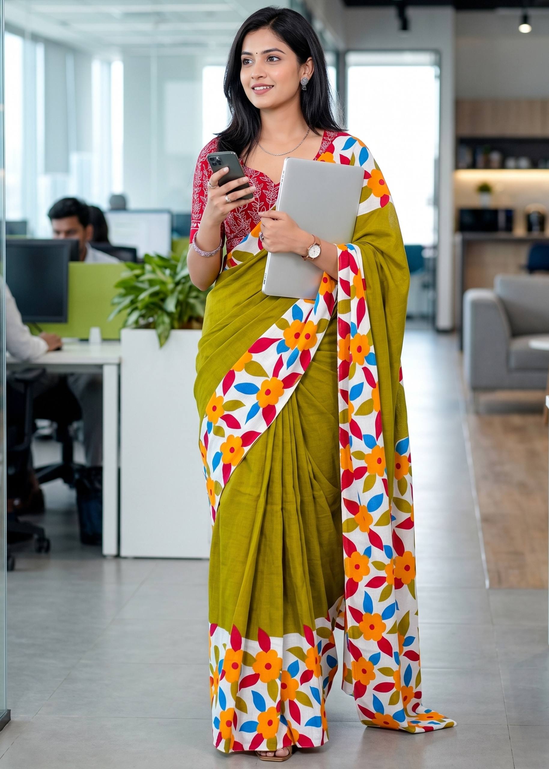 PURE MULMUL COTTON FLORAL PRINTED BLOCK PRINT MEHANDI GREEN SAREE WITH BLOUSE