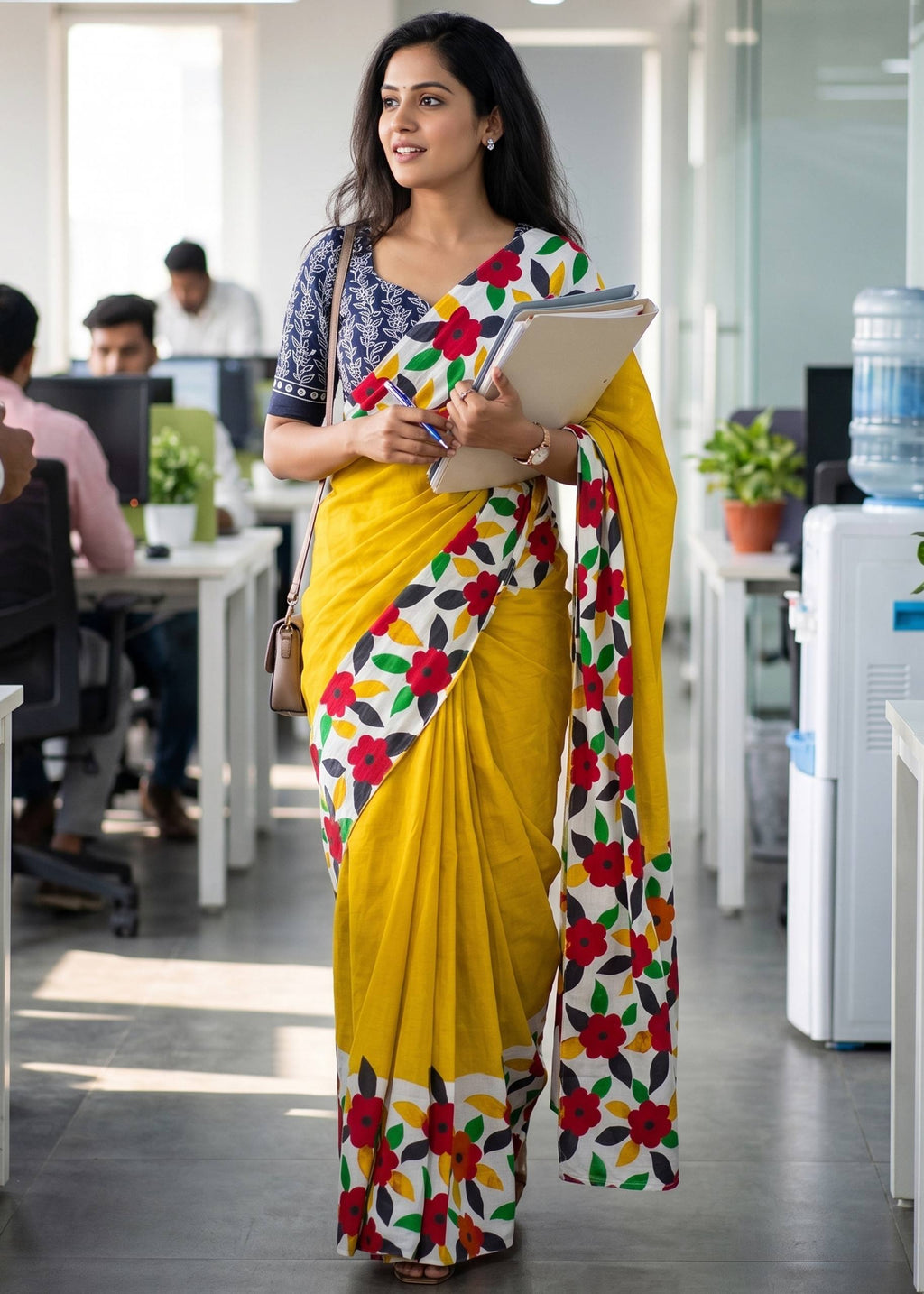 PURE MULMUL COTTON FLORAL PRINTED BLOCK PRINT YELLOW SAREE WITH BLOUSE