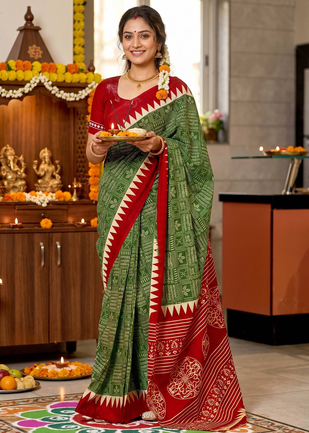 PURE MULMUL COTTON BAGRU SANSKRIT MANTRAS BLOCK PRINTED GREEN SAREE WITH BLOUSE