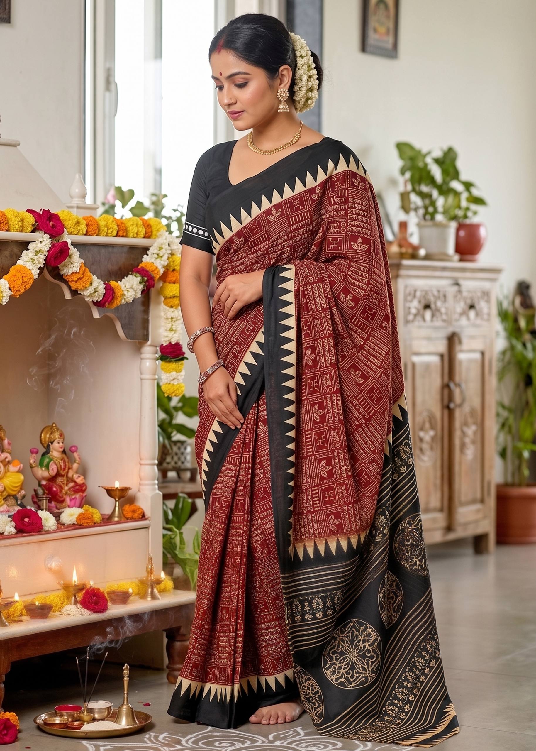 PURE MULMUL COTTON BAGRU SANSKRIT MANTRAS BLOCK PRINTED ORANGE SAREE WITH BLOUSE