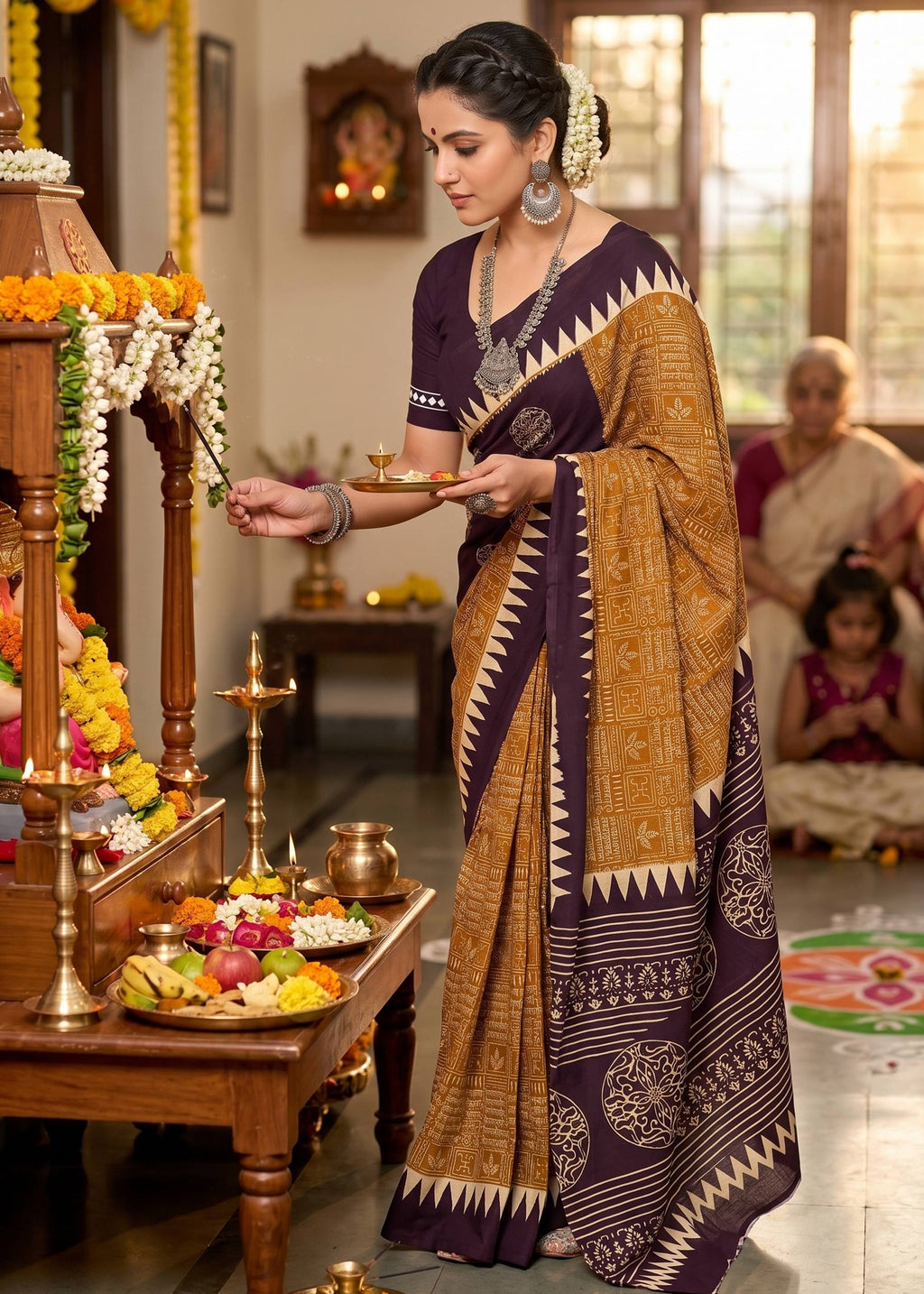 PURE MULMUL COTTON BAGRU SANSKRIT MANTRAS BLOCK PRINTED MUSTARD SAREE WITH BLOUSE