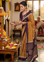 PURE MULMUL COTTON BAGRU SANSKRIT MANTRAS BLOCK PRINTED MUSTARD SAREE WITH BLOUSE