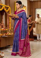 PURE MULMUL COTTON BAGRU SANSKRIT MANTRAS BLOCK PRINTED NEVY BLUE SAREE WITH BLOUSE