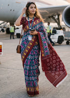 PURE SOFT COTTON IKKAT PRINT BLUE SAREE WITH BLOUSE