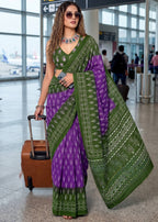 PURE SOFT COTTON BAGRU HAND BLOCK PRINTE VIOLET SAREE WITH BLOUSE