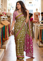 PURE MULMUL SOFT COTTON FLORAL HAND BLOCK PRINT MEHANDI GREEN SAREE WITH BLOUSE