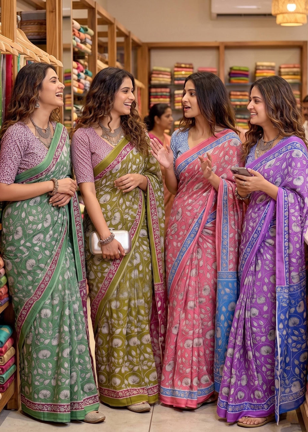 PURE MULMUL SOFT COTTON FLORAL HAND BLOCK PRINT GREEN SAREE WITH BLOUSE