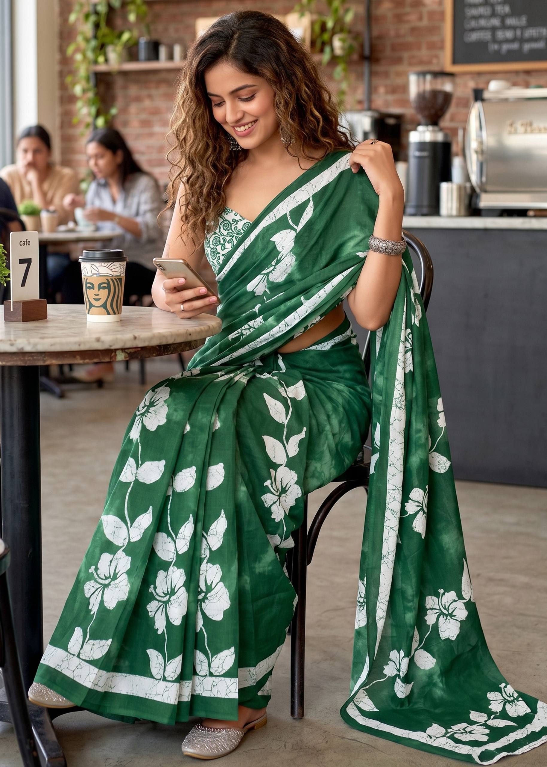 PURE SOFT COTTON HAND BAGRU BLOCK PRINT GREEN SAREE WITH BLOUSE