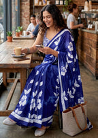 PURE SOFT COTTON HAND BAGRU BLOCK PRINT NEVY BLUE SAREE WITH BLOUSE