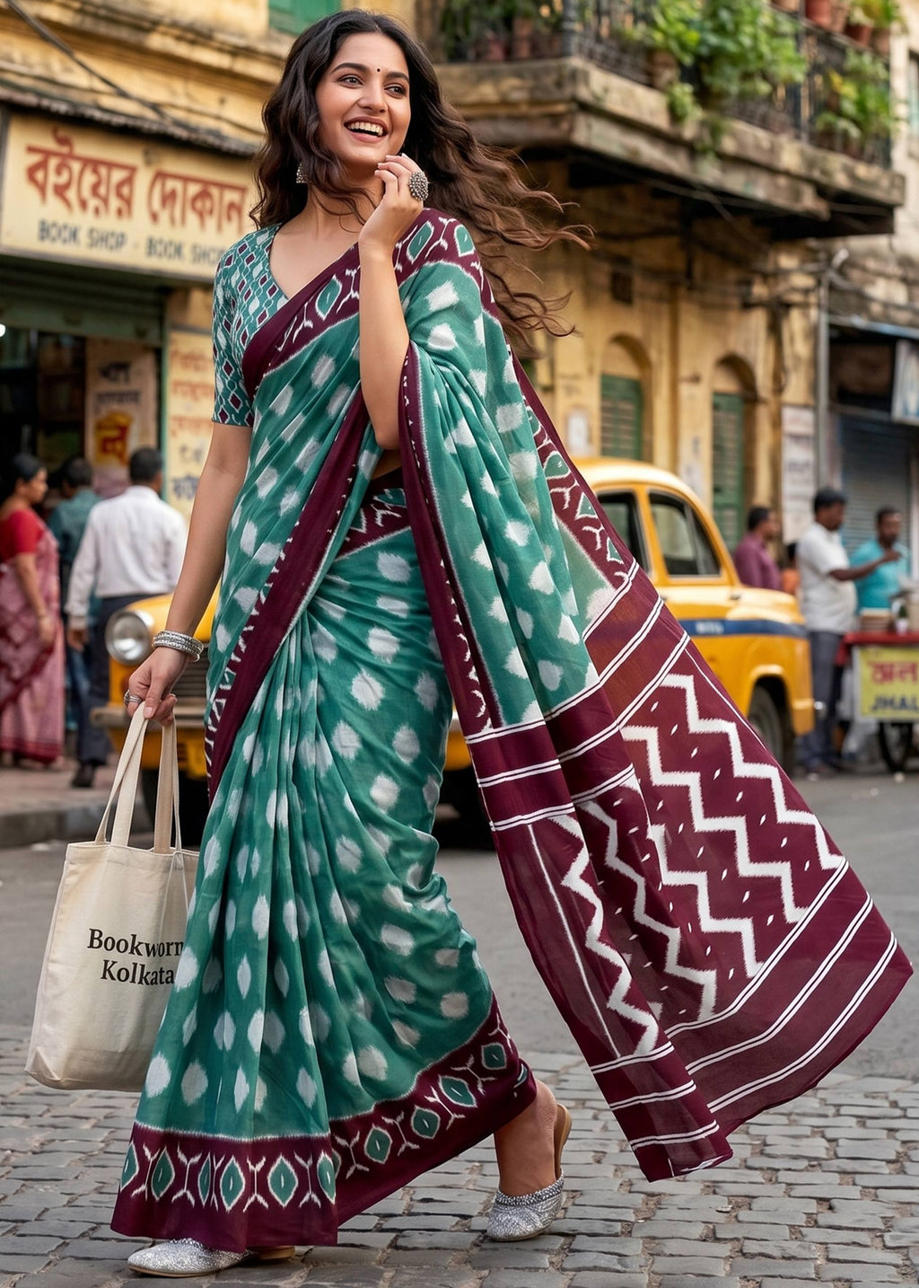 PURE SOFT COTTON IKKAT PRINT TEAL SAREE WITH BLOUSE