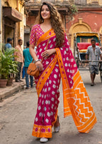 PURE SOFT COTTON IKKAT PRINT MAGENTA SAREE WITH BLOUSE