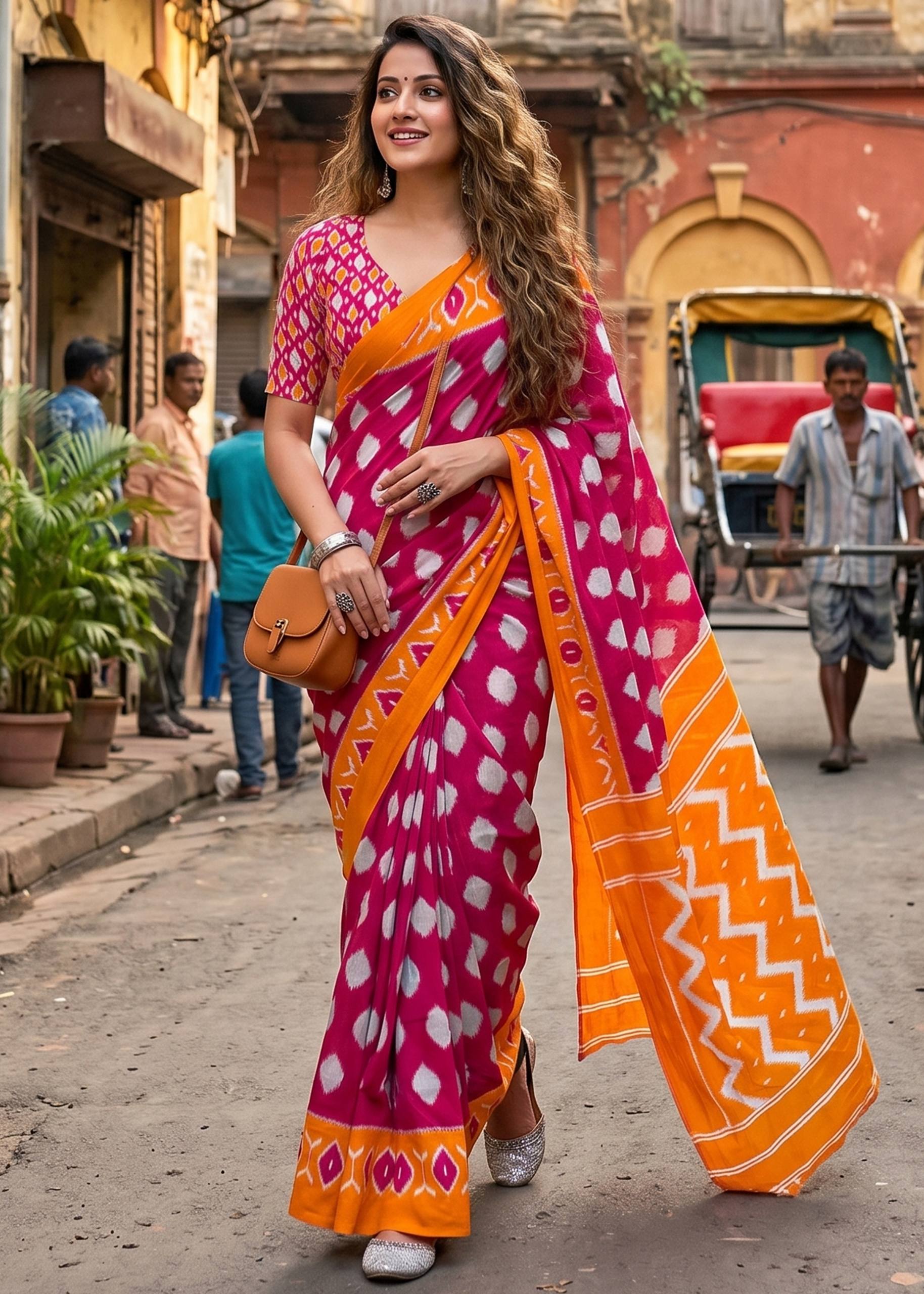 PURE SOFT COTTON IKKAT PRINT MAGENTA SAREE WITH BLOUSE
