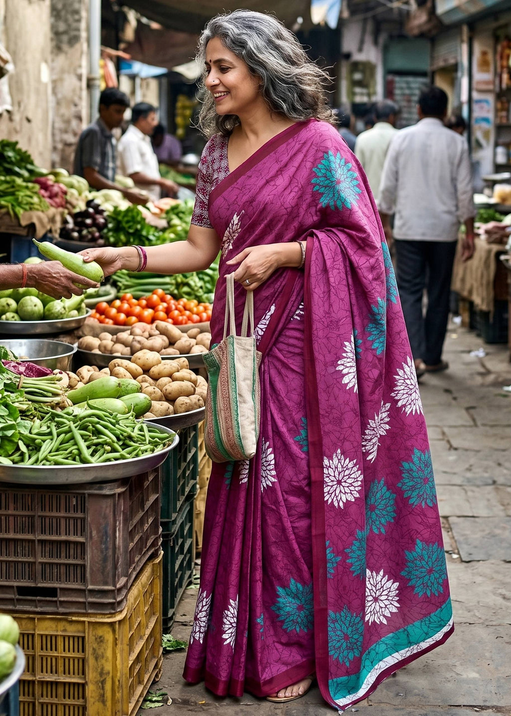 PURE MULMUL COTTON FLOWER PRINT PURPLE SAREE WITH BLOUSE