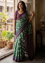 PURE SOFT COTTON HAND BAGRU PRINT DARK GREEN SAREE WITH BLOUSE