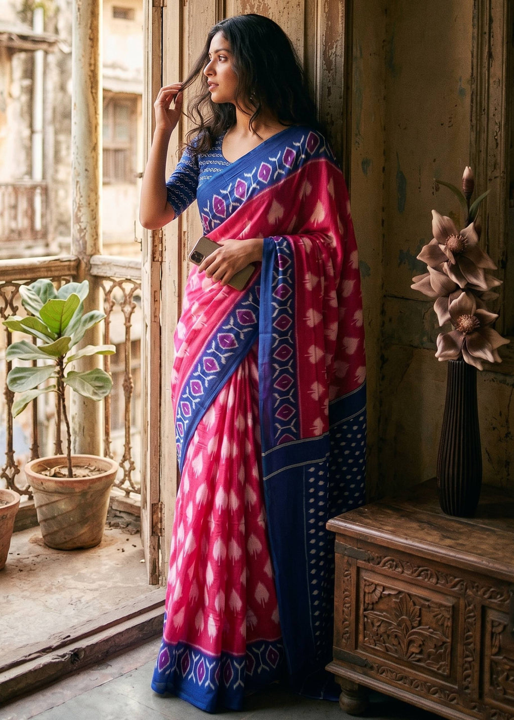 PURE SOFT COTTON HAND BAGRU PRINT PINK SAREE WITH BLOUSE