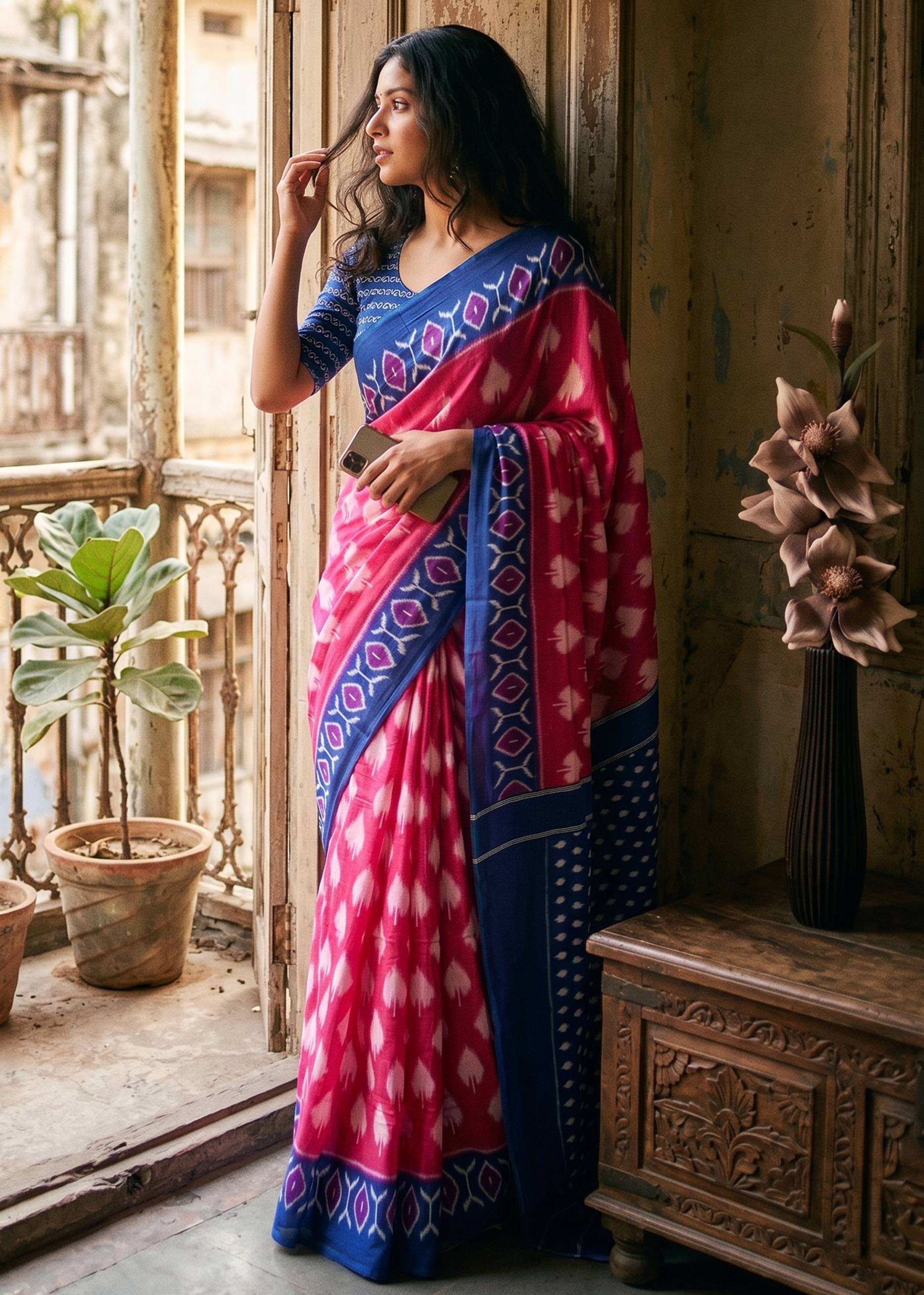 PURE SOFT COTTON HAND BAGRU PRINT PINK SAREE WITH BLOUSE