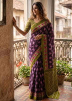 PURE SOFT COTTON HAND BAGRU PRINT PURPLE SAREE WITH BLOUSE