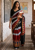 PURE SOFT COTTON IKKAT PRINT BLACK SAREE WITH BLOUSE