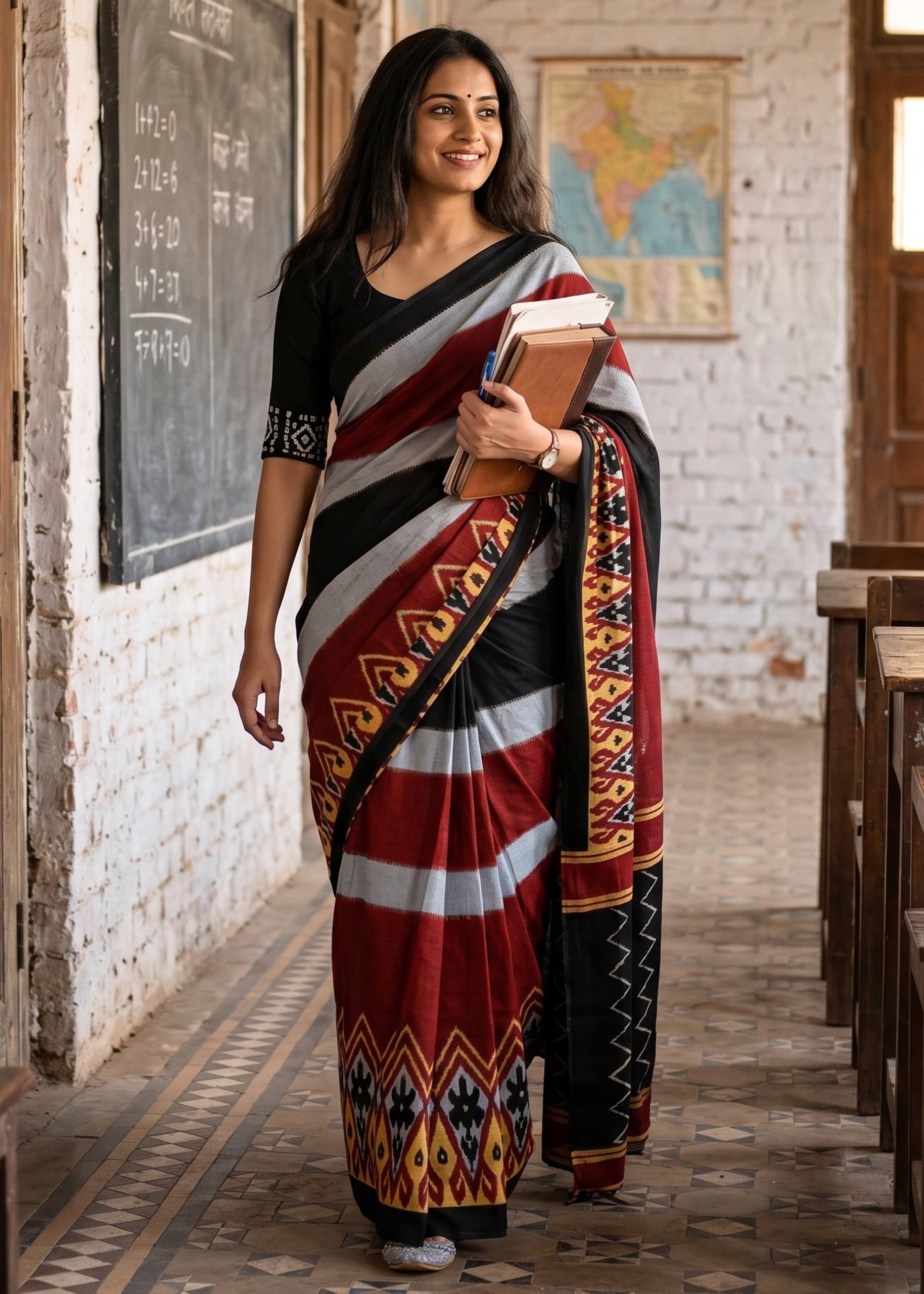 PURE SOFT COTTON IKKAT PRINT BLACK SAREE WITH BLOUSE
