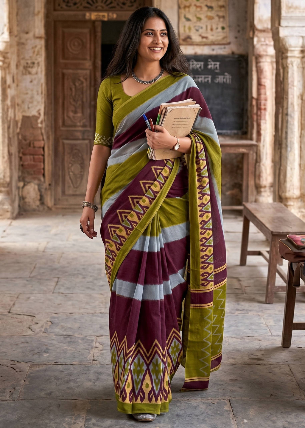 PURE SOFT COTTON IKKAT PRINT MEHANDI GREEN SAREE WITH BLOUSE