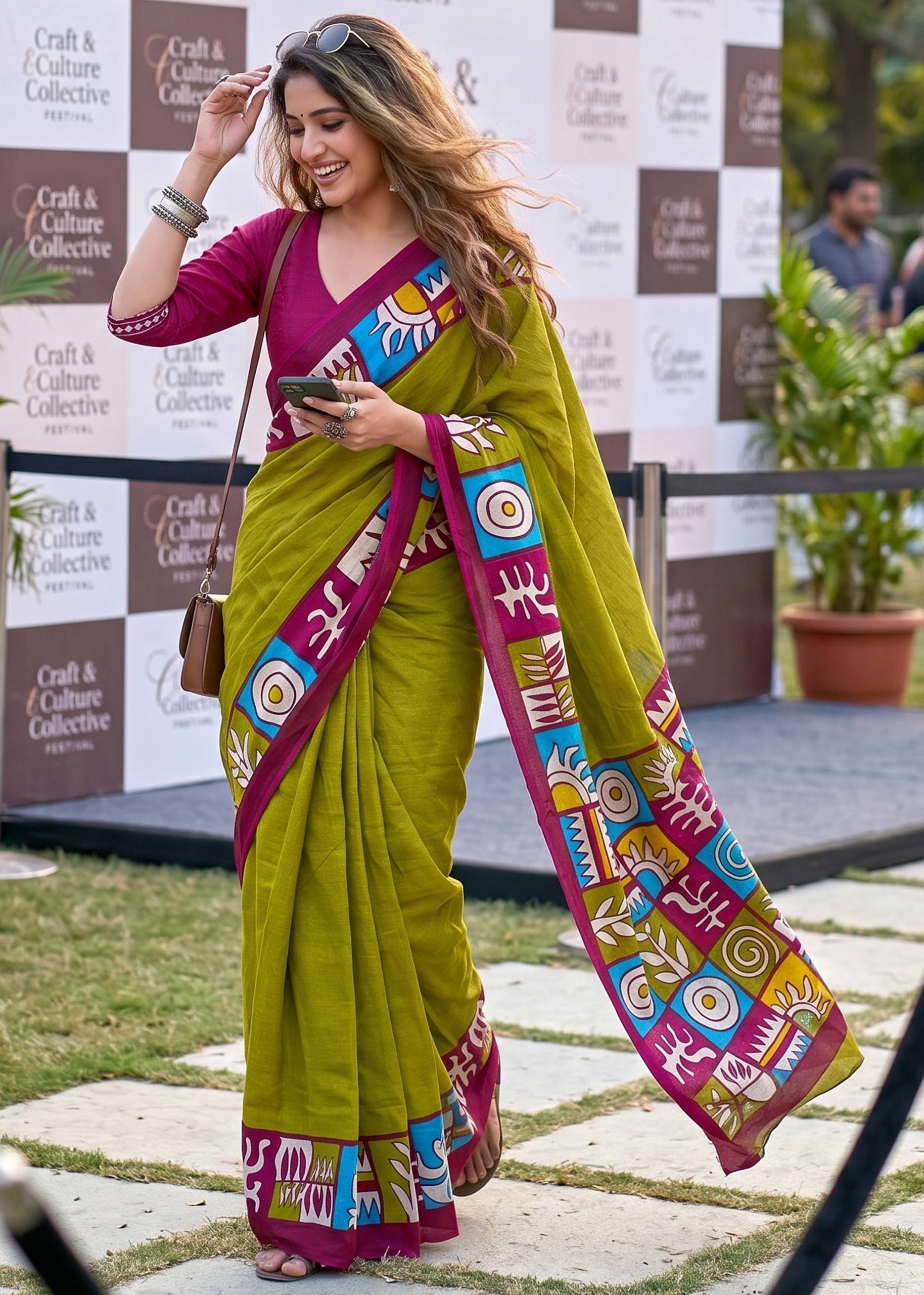 PURE SOFT COTTON JAIPUR BLOCK PRINT MEHANDI GREEN SAREE WITH BLOUSE