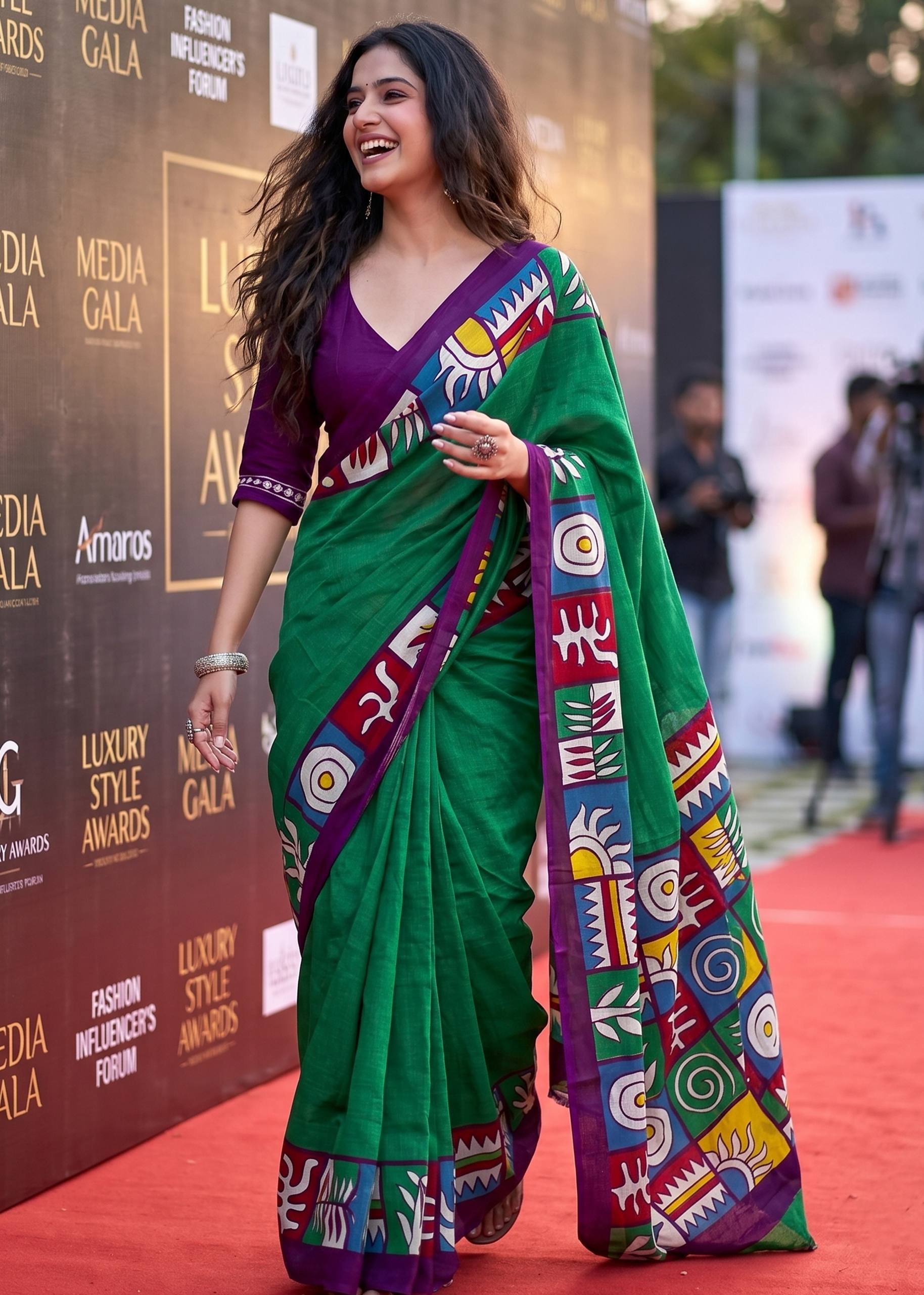 PURE SOFT COTTON JAIPUR BLOCK PRINT GREEN SAREE WITH BLOUSE
