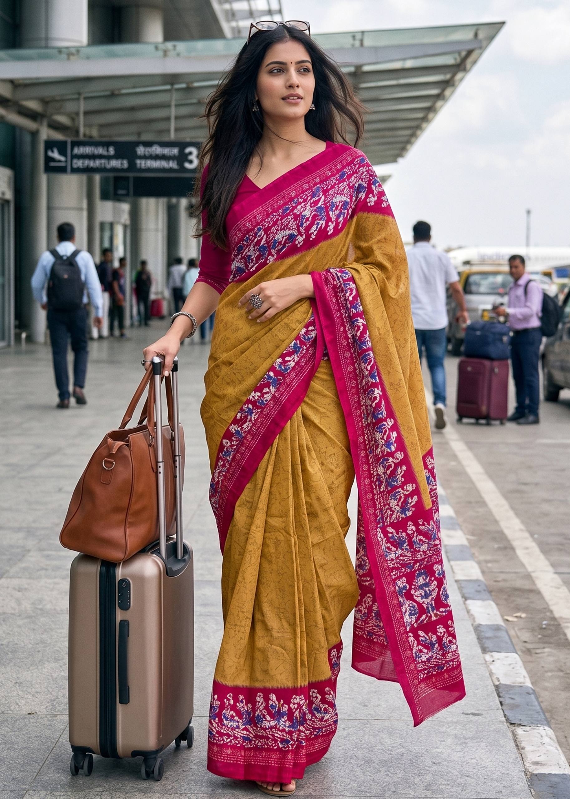 PURE SOFT COTTON BATIK PRINT MUSTARD SAREE WITH BLOUSE