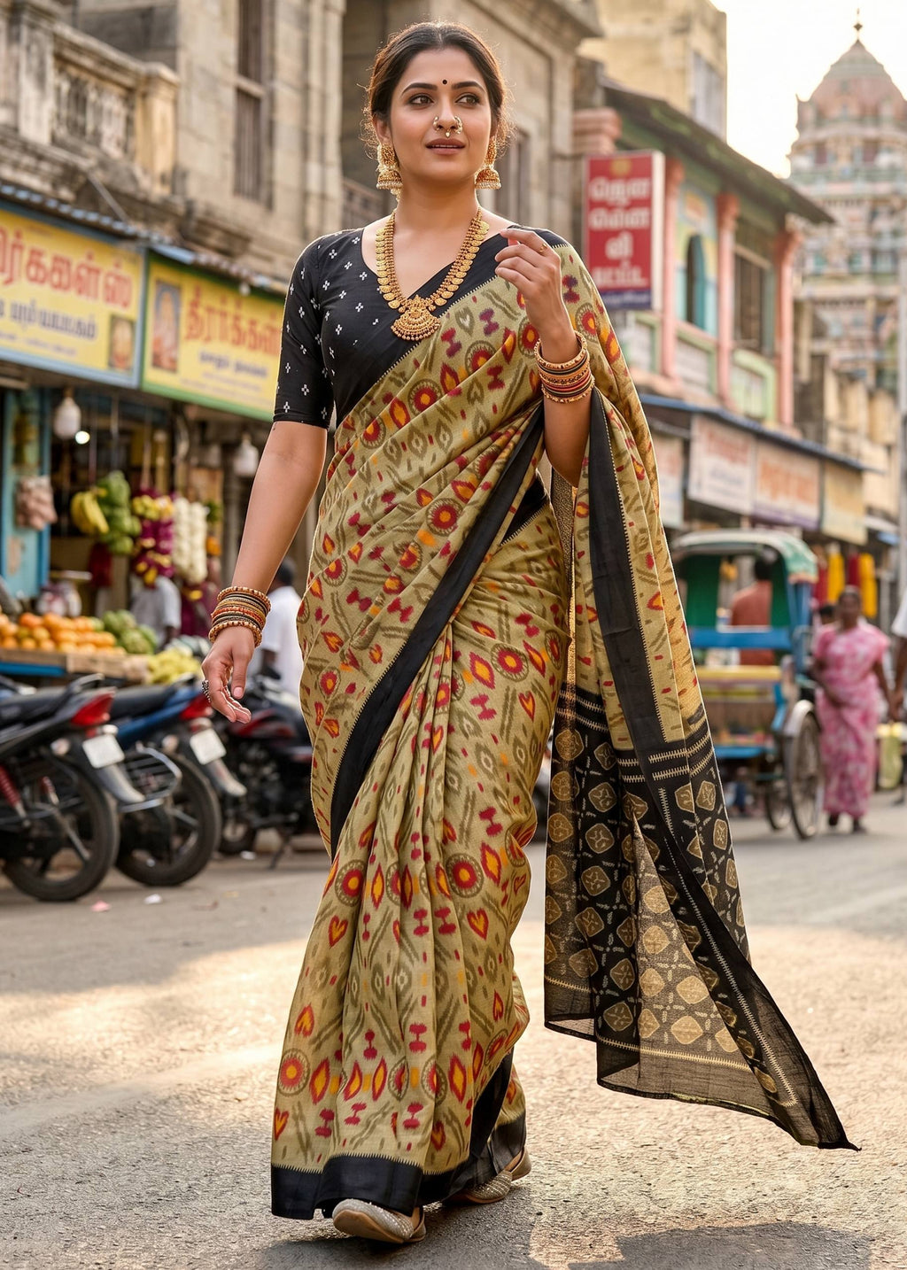PURE SOFT COTTON IKKAT PRINT BEAGE SAREE WITH BLOUSE
