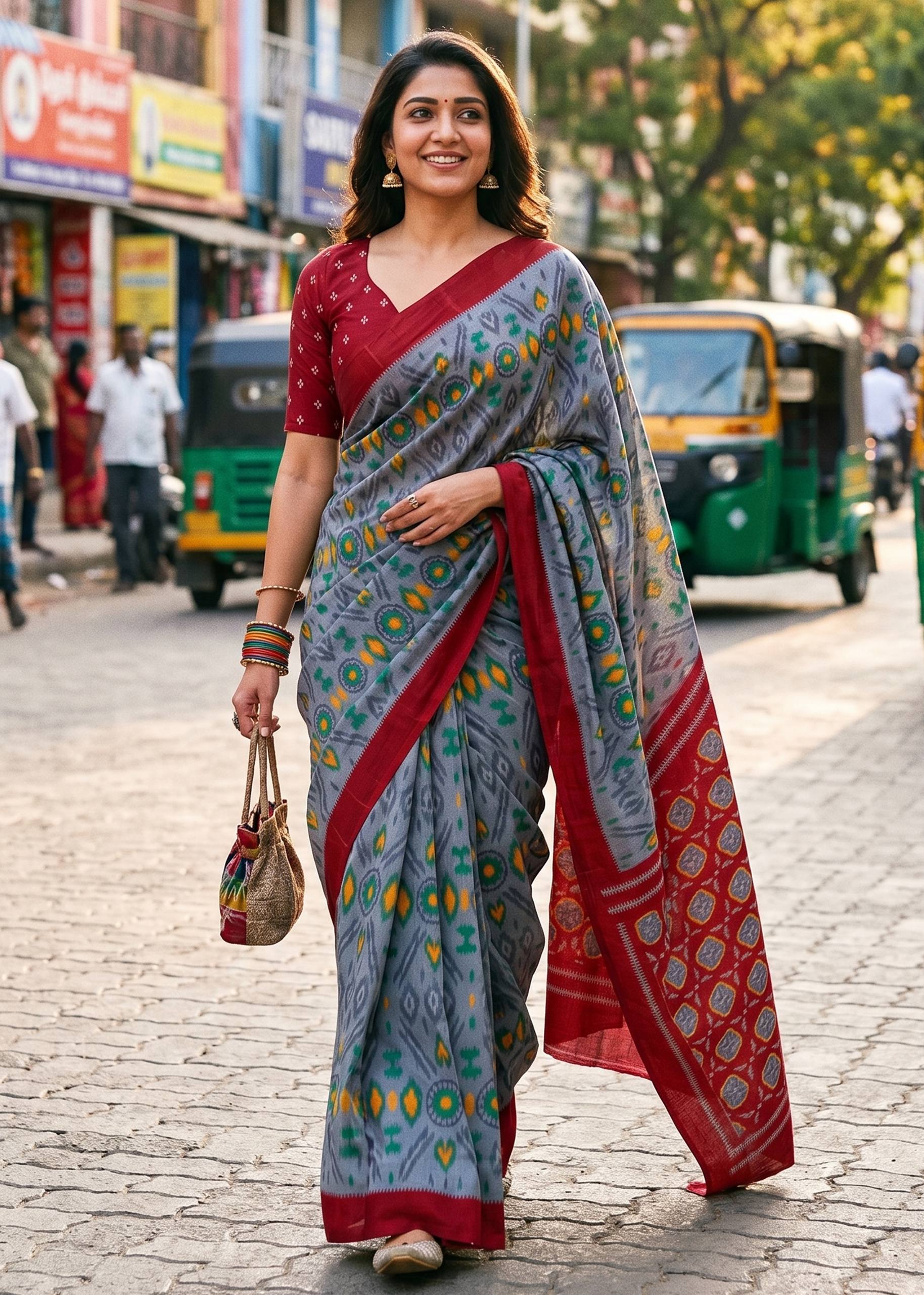 PURE SOFT COTTON IKKAT PRINT MULTICOLOR SAREE WITH BLOUSE