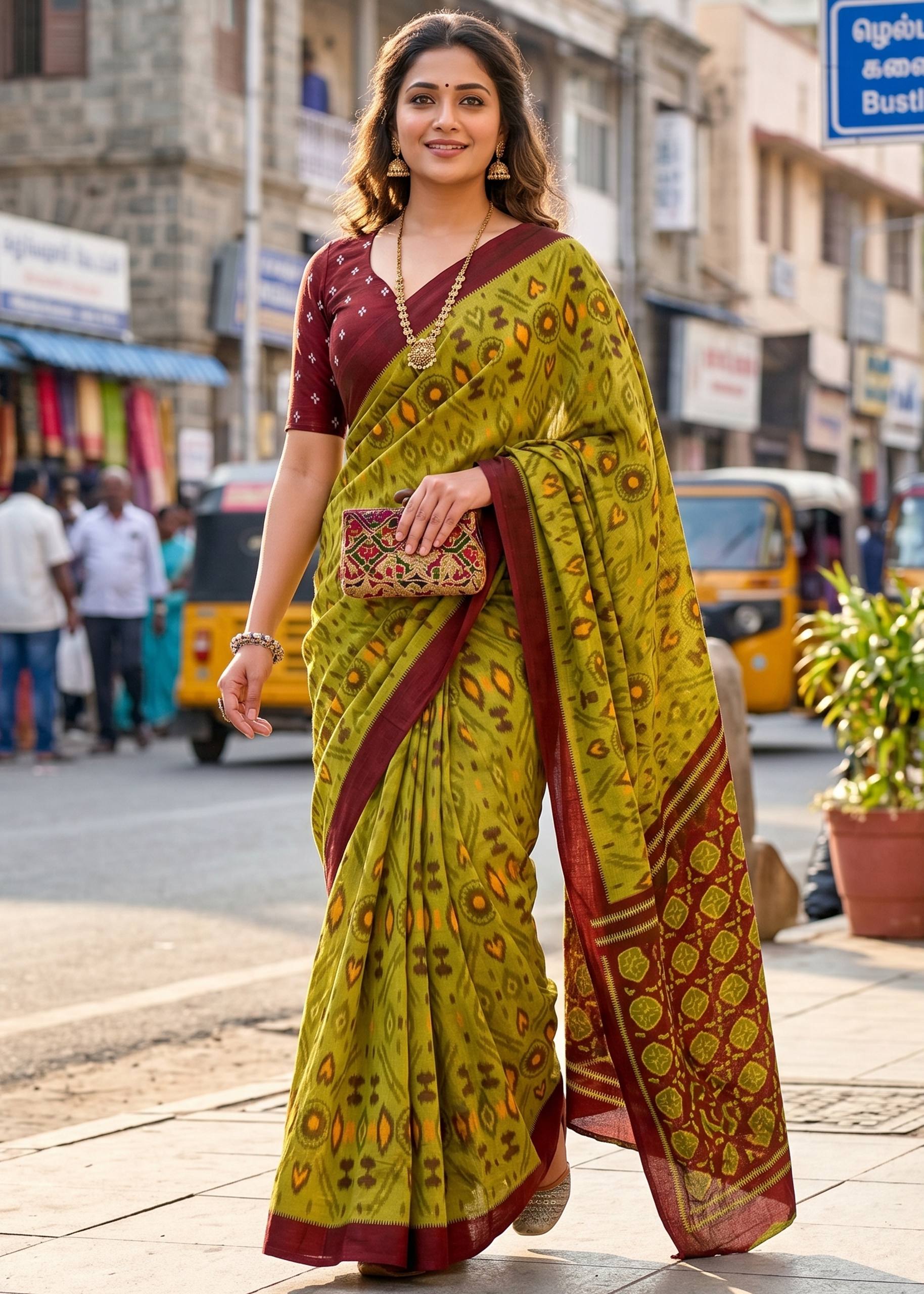 PURE SOFT COTTON IKKAT PRINT MEHANDI GREEN SAREE WITH BLOUSE