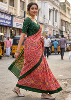 PURE SOFT COTTON IKKAT PRINT PEACH SAREE WITH BLOUSE