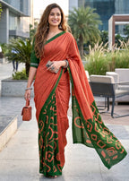 PURE SOFT COTTON FANCY BAGRU BLOCK PRINT ORANGE SAREE WITH BLOUSE
