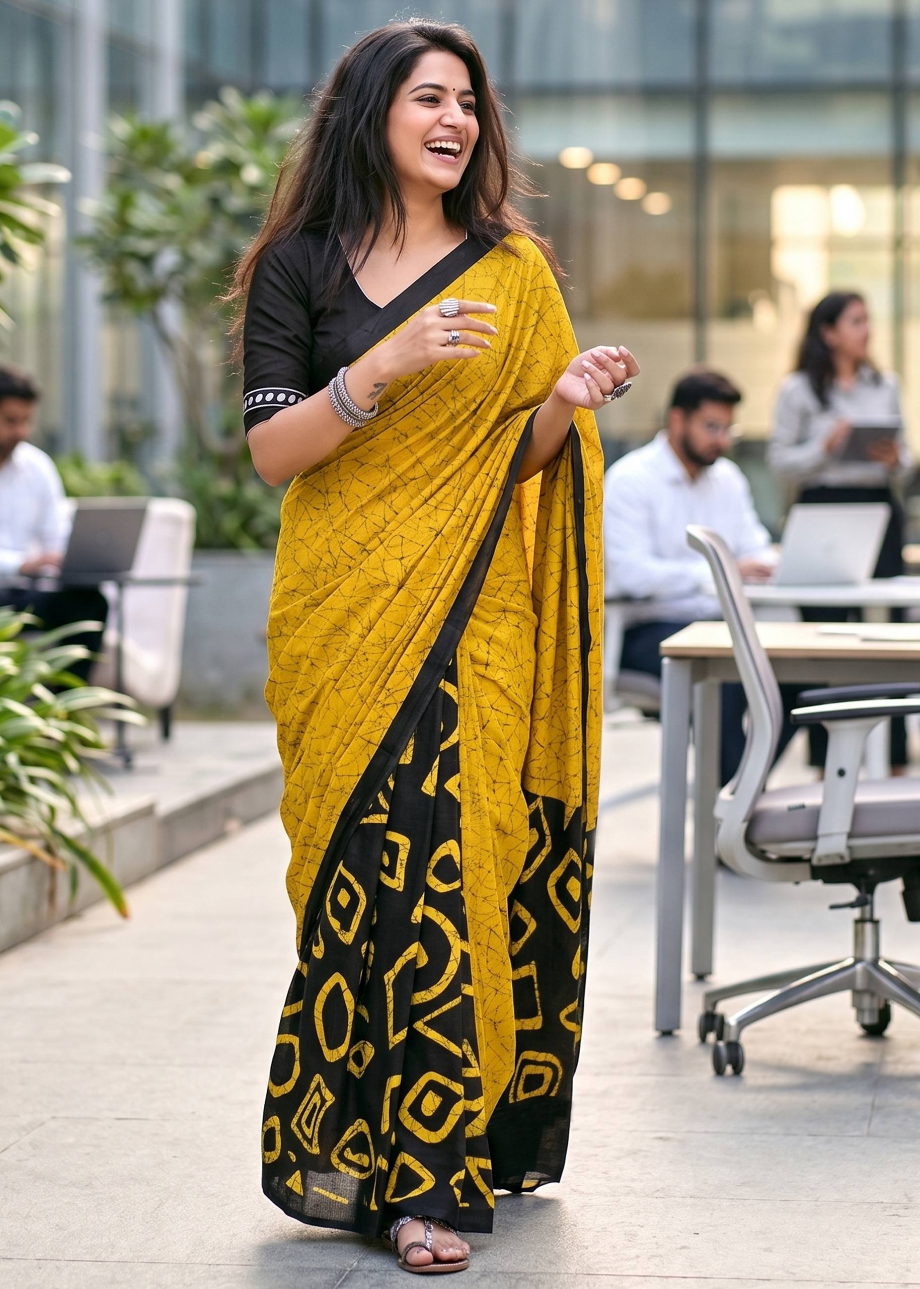 PURE SOFT COTTON FANCY BAGRU BLOCK PRINT YELLOW SAREE WITH BLOUSE