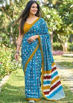 MULMUL SOFT COTTON CARTOON BAGRU BLOCK PRINT BLUE SAREE WITH BLOUSE
