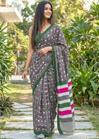 MULMUL SOFT COTTON CARTOON BAGRU BLOCK PRINT GREY SAREE WITH BLOUSE