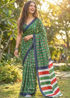 MULMUL SOFT COTTON CARTOON BAGRU BLOCK PRINT GREEN SAREE WITH BLOUSE