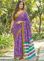 MULMUL SOFT COTTON CARTOON BAGRU BLOCK PRINT BLUE VIOLET SAREE WITH BLOUSE