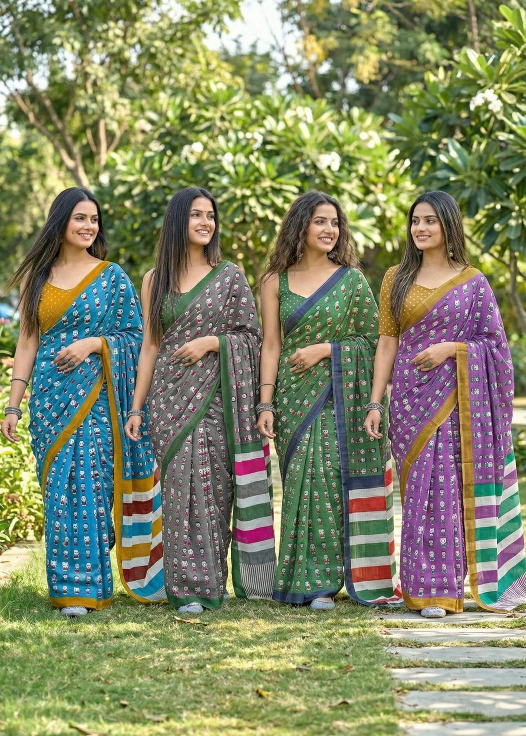 MULMUL SOFT COTTON CARTOON BAGRU BLOCK PRINT BLUE VIOLET SAREE WITH BLOUSE