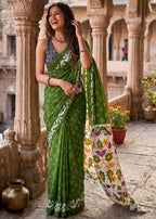 PURE SOFT COTTON FANCY BAGRU BLOCK PRINT GREEN SAREE WITH BLOUSE