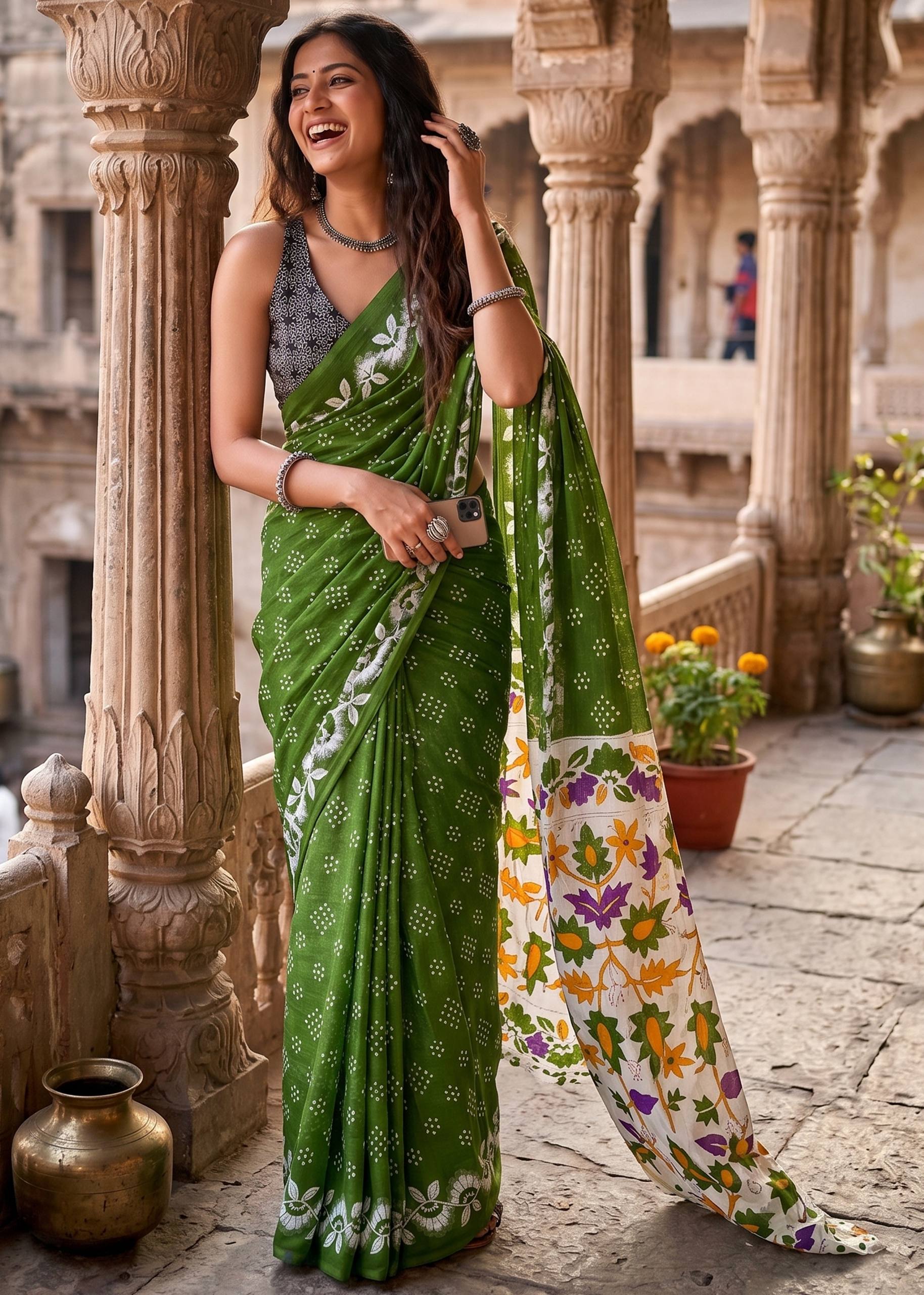 PURE SOFT COTTON FANCY BAGRU BLOCK PRINT GREEN SAREE WITH BLOUSE